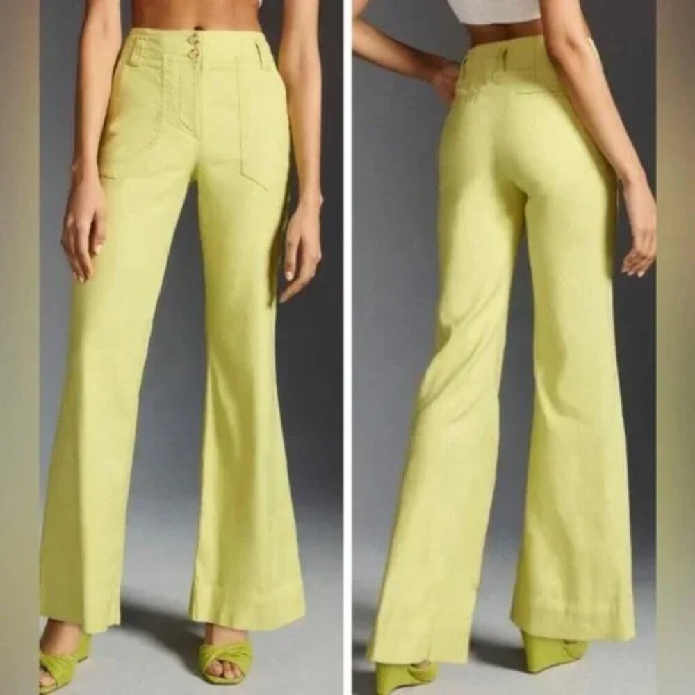 Anthropologie Maeve The Naomi Linen Wide Leg Pants yellow chartreuse 2